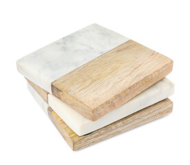 Stack of stylish cup coasters on white background