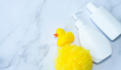 Body care products, washcloth and rubber duck