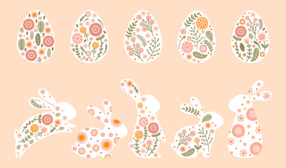 Set easter eggs and rabbits in pastel colors. Illustrations silhouettes bunnies with flowers and abstract pattern. Vector