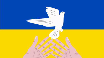 A pair of hands is letting go a white dove. with the color of Ukrainian flag as background, symbolizing stand with Ukraine. Vector.
