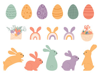 Set cute Easter eggs and rabbits in pastel colors. Colorful Illustration with rainbow, envelope and basket with eggs in flat style. Vector