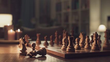 Chess game at home and room interior
