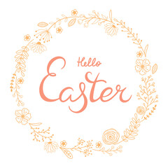 Hand drawing lettering Happy Easter in pastel colors. Illustration holidays design with text and spring flowers isolated on white background. Vector