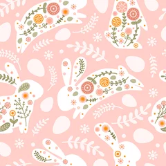 Muurstickers Naadloze patroon met paaseieren, konijn en bloemen in vlakke stijl. Illustratie met silhouetten hazen en eieren in pastelkleuren voor stof, behang en textiel. Vector © Irina Gubanova