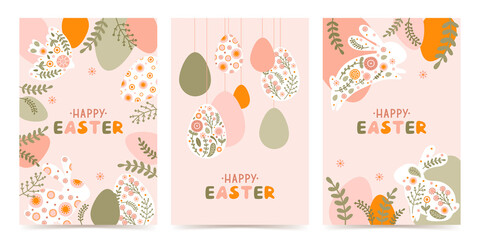 Set postcard template with a silhouette of Easter eggs, rabbit and flowers in flat style. Illustration spring hare and eggs in pastel colors and space for your text. Vector
