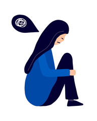 Depressed woman sitting on the floor holding her knees. Sad woman in depression vector illustration