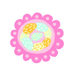 Colored eggs on plate top view vector illustration. Easter traditional meal
