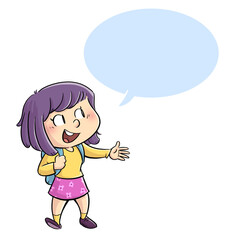 illustration of girl with backpack talking with bubble