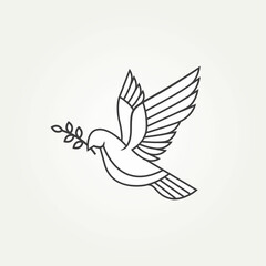 isolated flying dove or pigeon holding olive branch line art simple icon template vector illustration design. minimalist pacifism, peace maker, symbol of peace concept