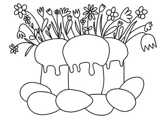 Happy Easter coloring page. Doodle coloring with Easter cakes, eggs and flowers. Holiday greeting card.