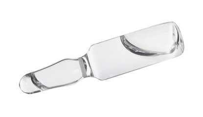 Glass ampoule with pharmaceutical product on white background