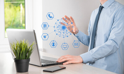 Business concept Close up of man using mobile smart phone and infographic icon of community technology digital.Concept of hi tech and big data. Toned image