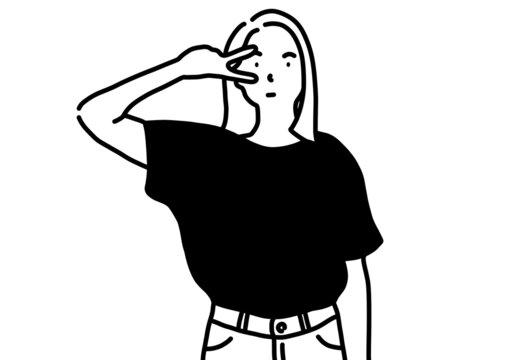 recommend clip art: ピースのポーズをしている髪の長い女の人。