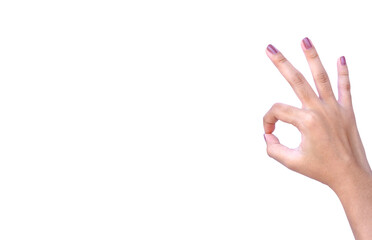 Woman hand make ok sign isolated on white background.