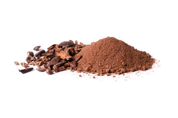 Pile of cocoa powder with cacao beans and cocoa nib isolated on white background.