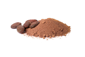 Cocoa powder and cacao beans isolated on white background