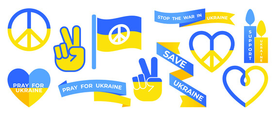 I Support Ukraine graphic design element for stop war, Ukrainian flag with a Pray for Ukraine concept icon set. Save from Russia stickers for media. Vector illustration