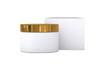 Blank white Plastic cosmetic jar with golden cap and paper box mockup isolated on white background.3d rendering. front and top view.