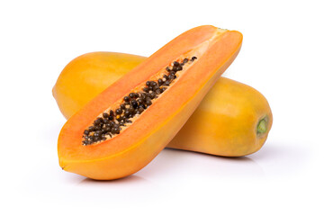 Whole and half sliced of ripe papaya fruit isolated on white background.