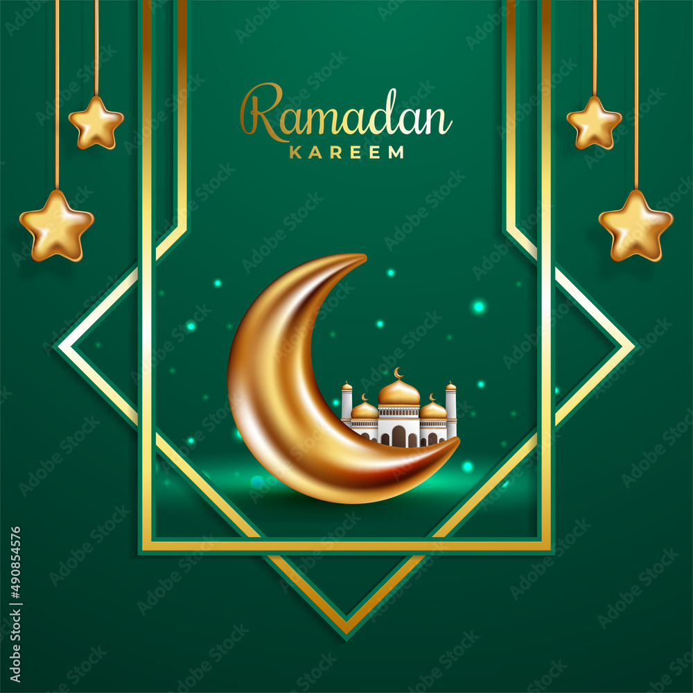 Wall mural ramadan kareem background, illustration with gold ornate arabic lanterns, crescent moon, star and mo