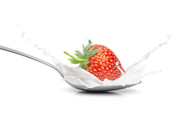 Milk or yogurt splash with fresh strawberry isolated on white background.