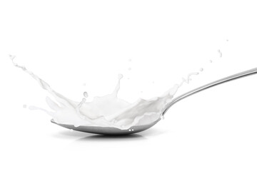 Spoon with milk splash isolated on white background.