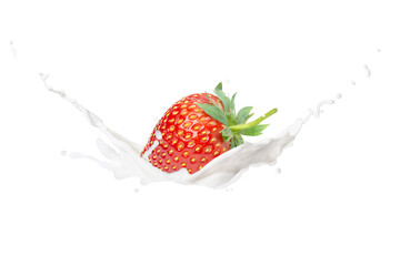 Milk or yogurt splash with fresh strawberry isolated on white background.
