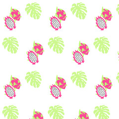 seamless tropical leaf and dragon fruit pattern on white background