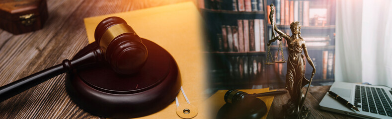 Business and lawyers discussing contract papers with brass scale on desk in office. Law, legal services, advice, justice and law concept picture with film grain effect