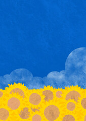 Sunflower field with blue sky background.,Ukraine flag sign background.