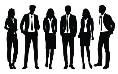 Vector silhouettes of  men and a women, a group of standing  business people, black color isolated on white background
