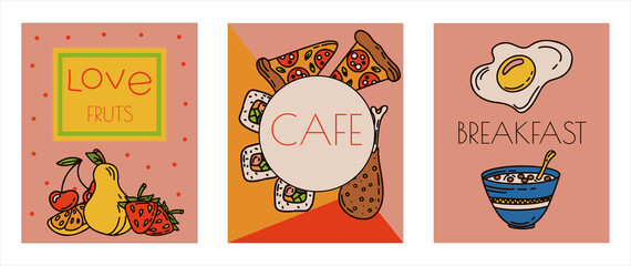 Vector Food Doodle banners. Hand Made Line Art cards. Menu Restaurant. Sketch illustration of healthy food. Logotype Symbol Design