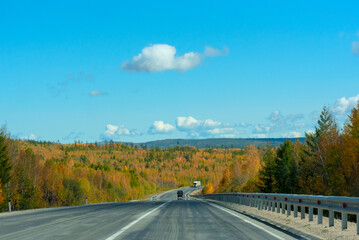 Bright autumn scene with road among orange and green trees and blue sky. Soft selective focus. Beauty of nature, travel concept