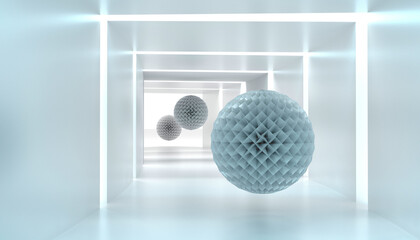 levitating textured balls in a light white corridor. Linear perspective in the interior