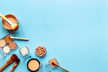 Frame of decorative makeup cosmetic products. Beauty background