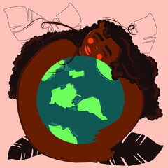 Earth Day. black girl hugging the ground