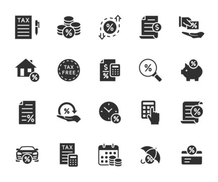 Vector Set Of Tax Flat Icons. Contains Icons Tax Return, Loan, Interest Rate, Tax Free, Fee, Tax Saving And More. Pixel Perfect.