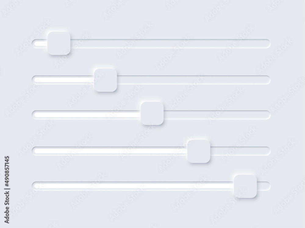 Poster neomorphism ui, switch volume slide bar set, soft user interface, slidebars for sound