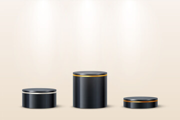 Black 3d podium for presentation of product with round gold, silver and bronze ring frame