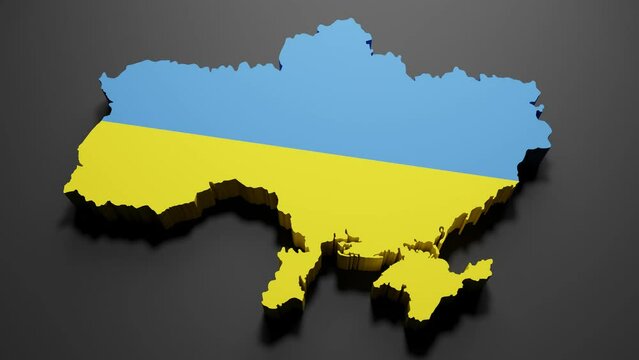 3d rendering of a Ukraine map in Ukrainian flag colors on black background. 4K Video motion graphic animation.