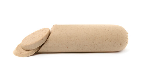 Delicious fresh cut liverwurst on white background