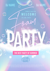 Disco foam party poster.  Soap foam with soap rainbow bubbles. Vector illustration