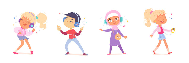 Kids listen music with headphones set, happy little boys and girls enjoy favorite song