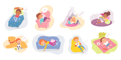 Lazy kids sleep and relax set, cute girl and boy lying on bed, sofa or tent at home