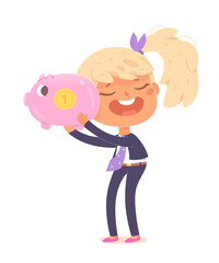 Little businesswoman holding piggy bank in hands, cute girl carrying pink pig moneybox