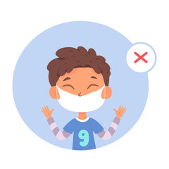 Boy wearing face mask with mistake, incorrect way to wear and use surgical facemask