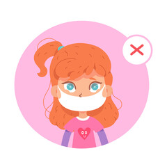 Girl wearing face mask with mistake, incorrect way to wear and use surgical facemask