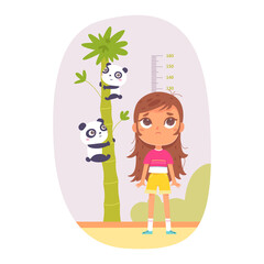 Girl measuring height, kid with glasses standing near tall tree with funny pandas