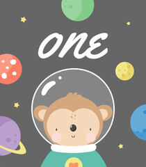 Birthday Party, Greeting Card, Party Invitation. Kids illustration with Cute Monkey Cosmonaut and an inscription one. Vector illustration in cartoon style.