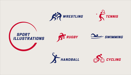 Sport logos set. Wrestling, tennis, rugby, swimming, handball, cycling vector illustrations